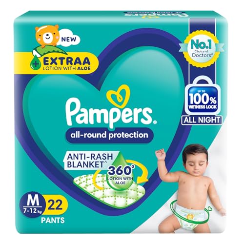 Pampers All Round Protection Pants, Medium Size Baby Diapers (Md) 22 Count, Anti Rash Diapers, Lotion With Aloe Vera