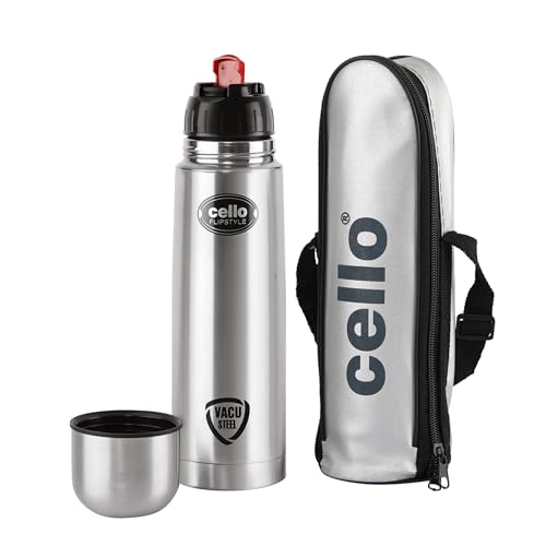 Cello Flipstyle Thermosteel Water Bottle With Jacket 1000Ml, Silver | 24 Hours Hot And Cold | Double Walled | Vacuum Insulated Flip Lid Flask Bottle | Perfect For Water, Tea, Coffee & Cold Beverages