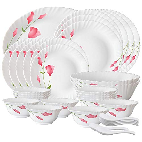 Larah By Borosil Fluted Series Diana Opalware Dinner Set | 33 Piece For Family Of 6 | Microwave & Dishwasher Safe | Bone-Ash Free | Crockery Set For Dining & Gifting | Plates & Bowls | White