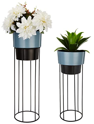 Amazon Brand – Solimo Metal Planters With Metal Stand – Grey & Black (Set Of 2)