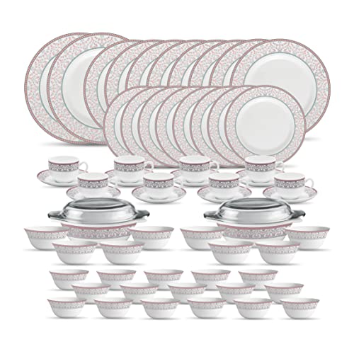 La Opala, Sovrana Collection, Opal Glass Floral Dinner Set 62 Pcs, Moroccan Pink, White