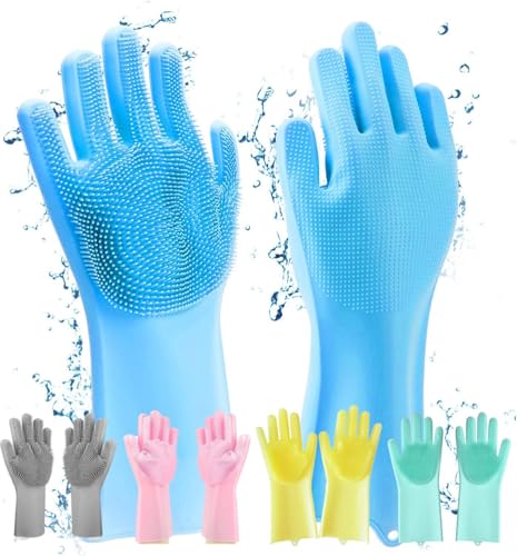 Candy Kart Magic Silicone Dishwashing Gloves Heat-Resistant Reusable Scrubbing Gloves Kitchen Cleaning, Dishwashing Pet Grooming Car Wash & Bathroom Built-In Scrubber Bristles – Multicolor (1 Pair)