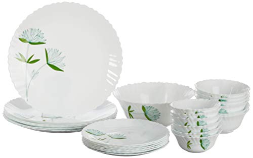 Borosil Opalware Fluted Lily Dinner Set (Green, White) -25 Pieces