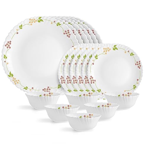 Cello Opalware Dazzle Series Secret Garden 18 Piece Dinner Set Serving For 6 | Bone Ash-Free | Lightweight, Elegant White Plates & Bowls Set | Opal Glass Crockery Set For Daily Use Dinning & Gifting