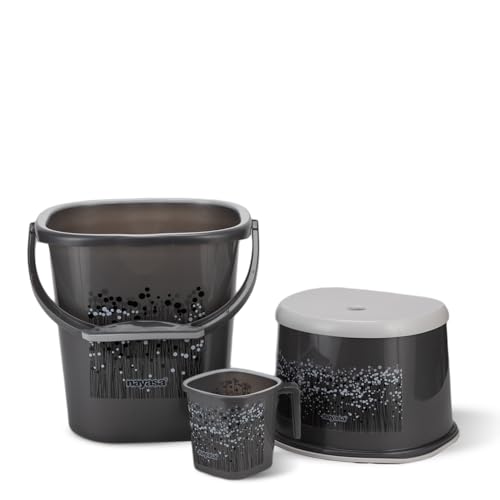 Nayasa Funk Square 3 Pcs Bathroom Set | Bucket 25 L + Mug 1.5 L + 508 Stool | Bathroom Set | Bath Set For Bathroom | Black