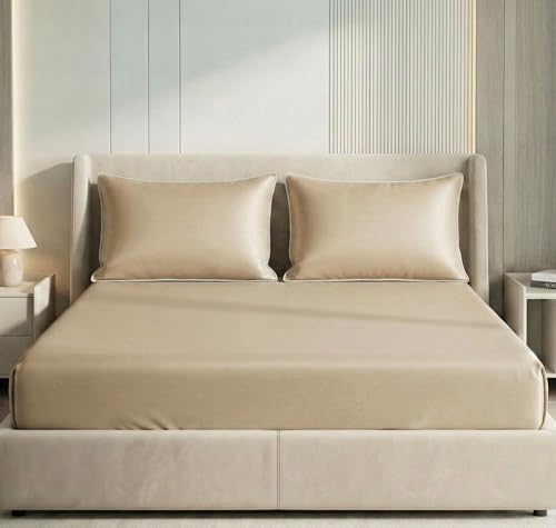 Vas Collections Luxury Satin 360° Fitted King Bedsheet With 2 Pillow Covers | 300 Tc Silky Soft Wrinkle-Resistant Deep Pocket Bed Sheet | Size 78 X 72 + 10 Inches (Soft Amber)