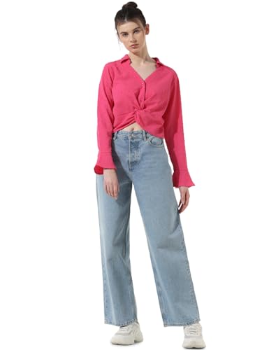 Only Women Self Design Polyester Crop Length Pink Shirt