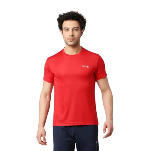 Playr Men Adult Training Tee – Round Neck Half Sleeve Regular Fit Drivent, Lightweight Breathable Activewear For Gym, Running, Training, Workout & Yoga For All Season Red