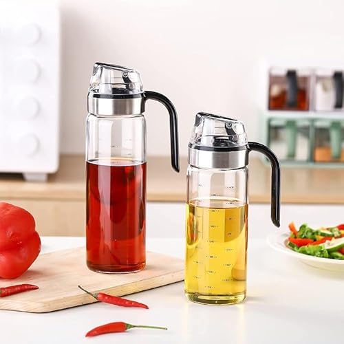 Glass Oil Dispenser Bottle With Handle And Measurement Scale, Stainless Steel Lid With Automatic Flip Spout Pack Of 1