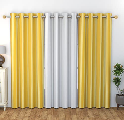 Ivaza Solid Plain Polyester Window Curtains Set Of 3, (4 Feet X 5 Feet, Yellow White