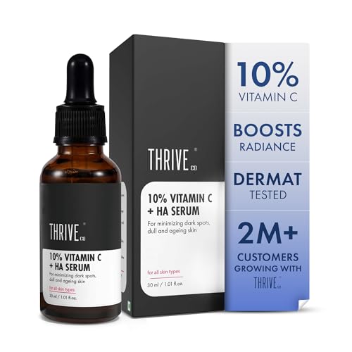 Thriveco 10% Vitamin C Face Serum | Brightens Skin & Helps Reduce Dark Spots | With 33 Kda + 5 Kda Hyaluronic Acid | Boosts Hydration & Glow | For Men & Women | 30 Ml