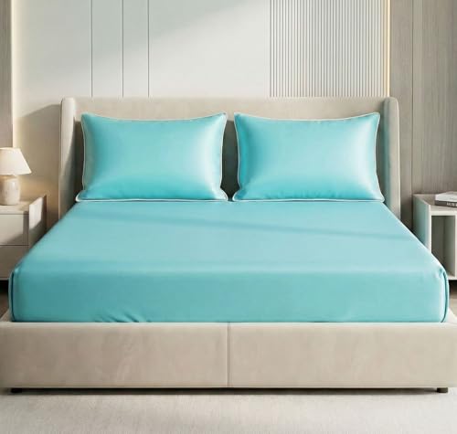 Vas Collections Luxury Satin 360° Fitted King Bedsheet With 2 Pillow Covers | 300 Tc Silky Soft Wrinkle-Resistant Deep Pocket Bed Sheet | Size 78 X 72 + 10 Inches (Aqua Blue)
