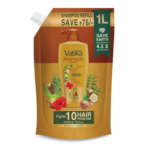 Dabur Vatika Ayurvedic Shampoo Refill Pouch – 1 L | Damage Therapy | Power Of 10 Ingredients For Solving 10 Hair Problems | No Parabens | For All Hair Types