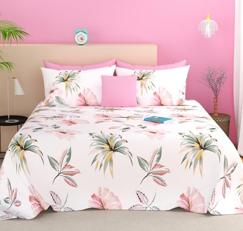 Sanmarino King Size Bedsheet | Cloud Cotton Flatsheet King Size With Two Pillow Covers| 280 Tc | Super Soft Bed Sheet For King Size Bed | Floral Design (254 X 230 Cm, White & Green)