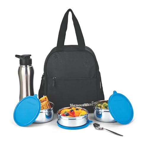 Signoraware Fusion Stainless Steel Big Lunch Box With Sipper | Airtight & Leakproof | Easy To Carry | Ideal For Office, School & Travel (650Mlx2 + 500Ml + 750Ml | Set Of 4 | Tblue)