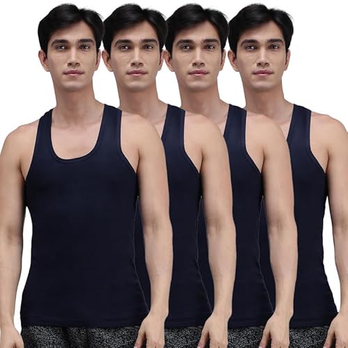 Amul Comfy Cotton Solid Sleeveless Navy U Neck Vest For Men (Pack Of4)