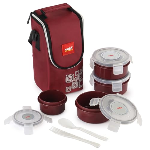 Cello Mf Click Lunch Box With Insulated Jacket, Brown | 3 X 300Ml Containers, 1 X 180 Ml Pickel Container, Spoon & Fork | Food Grade, Bpa Free Pet Body | Airtight Clip Lock, Leakproof Tiffin Box Set