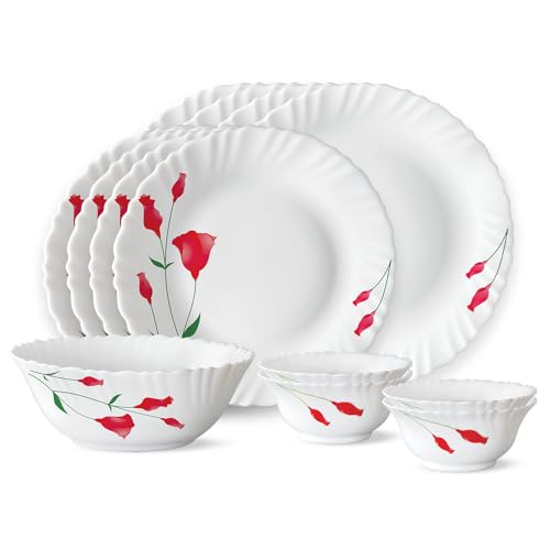 Larah By Borosil Fluted Series Diana Opalware Dinner Set Of 4 Full Plate, 4 Quarter Plates, 4 Veg Bowls And 1 Serving Bowl | Bone-Ash Free Crockery Set For Dining Table (White, 13 Pieces)