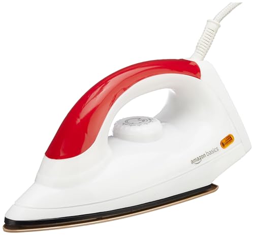Amazon Basics 1000 Watts Dry Iron With Non-Stick Soleplate | Stainless Steel Base | Ergonomic | Red And White