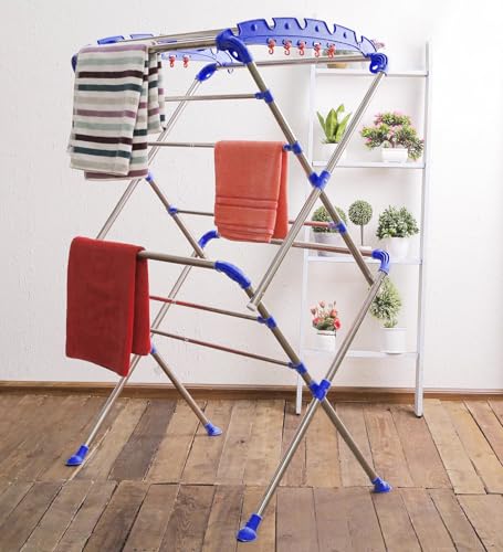 Flipzon Stainless Steel Premium Extra Large Sumo Foldable Cloth Drying Stand | Heavy Duty Laundry Stand For Indoor & Outdoor Use | 13 Hanger Rods And 10 Additional Hooks (Silver & Blue, Large)