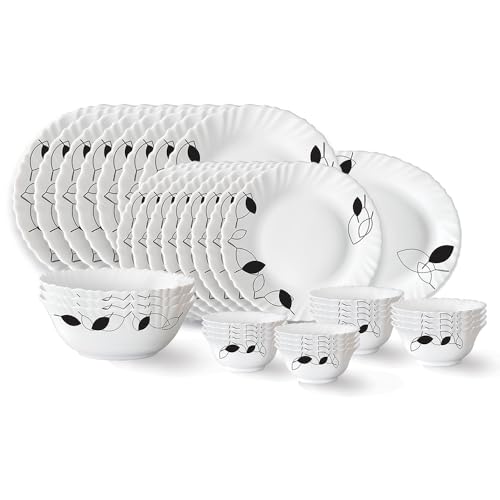 Larah By Borosil Shadow Fluted Series Opalware Dinner Set | 36 Pieces For Family Of 8 | Microwave & Dishwasher Safe | Bone-Ash Free | Crockery Set For Dining & Gifting | Plates & Bowls | White