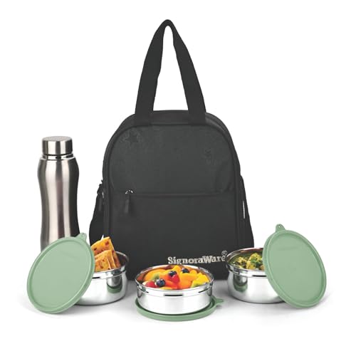 Signoraware Fusion Stainless Steel Big Lunch Box | Airtight & Leakproof | Easy To Carry | Ideal For Office, School, Travel & Meal Prep (650Mlx2 + 500Ml + 750Ml | Set Of 4 | Egreen)