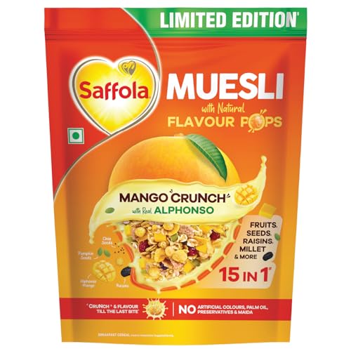 Saffola Muesli Mango Crunch, With Real Alphonso Mango 400G | Limited Edition, With Crunchy Flavour Pops | Breakfast Cereal