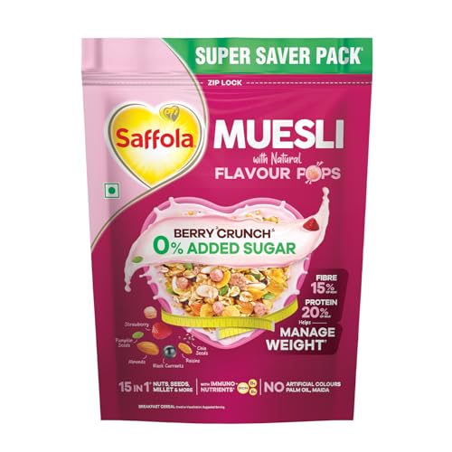 Saffola Muesli 0% Added Sugar Berry Crunch 700 Gm | High Protein & High Fibre To Help Manage Weight | Muesli With Flavour Pops