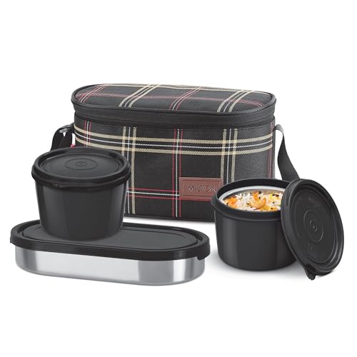 Milton Decker Lunch Box With Insulated Fabric Jacket, 2 Inner Stainless Steel Containers 450 Ml Each & 1 Oval Stainless Steel 450 Ml, Microwave Safe, Leak-Proof Tiffin For Office, Easy To Carry, Black