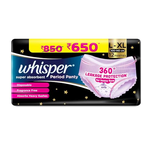 Whisper Super Absorbent Period Panty, 12 L-Xl Pants, 360 Degree Leakage Protection For Heavy Flow, Panty Like Fit For Full Back Coverage, Absorbs Heavy Gushes, Silky Soft, Comfortable Feel, Women