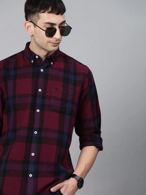 The Bear House Men Checkered Casual Maroon Shirt