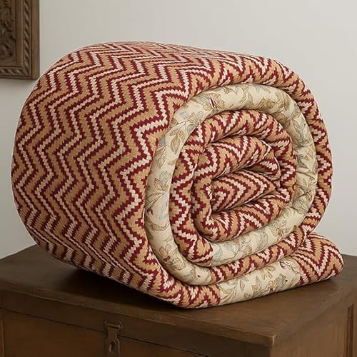 Sanmarino Jaipuri Razai Single Bed Reversible Cotton Quilt | Traditional Ethnic Floral Print Dohar | Lightweight Ac Comforter With Pure Cotton Filling | All-Season Blanket (Deep Maroon)