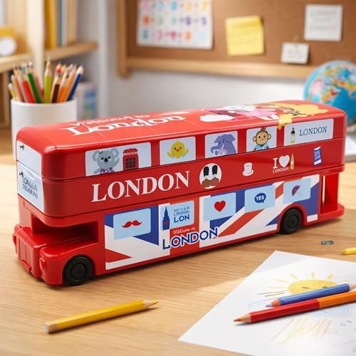 Toyshine Double Decker London Bus Metal Pencil Box With Moving Tyres And Sharpner For Kids – Red
