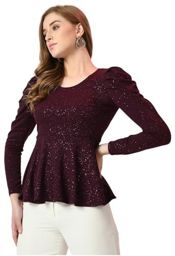 Iuga Women Embellished Round Neck Puff Sleeve Top Purple