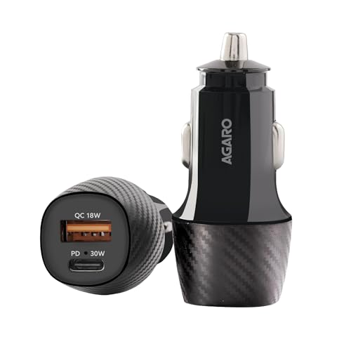 Agaro Pulse Car Charger, Dual Port With 51W Fast Car Charger With Dual Output (33W Pd Type C Port + 18W Usb A Port), Fast Charging, For Smartphones, Iphones, Tablets, Earbuds & More – Black