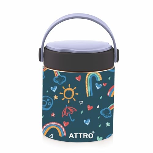 Attro Happy Go Vacuum Insulated Isi Certified Stainless Steel Soup Jar 500Ml, Leakproof & Bpa-Free For Kids & Adults, Long Temperature Retention,Ideal For School, Office & Travel-Rainbow Magic Blue