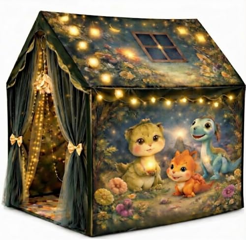 Kids Play Tent House With Dinosaur Theme, Polyester, Dark Green, Foldable, For Boys And Girls Aged 4-10 Years