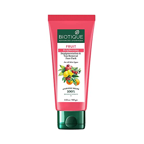 Biotique Fruit Brightening Depigmentation And Tan Removal Face Pack| Ayurvedic And Organically Pure| Tan Removal Face Pack For All Skin Types|100% Botanical Extracts| 100Gm