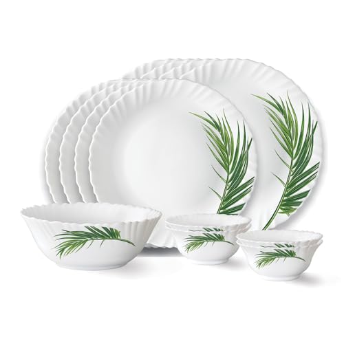 Larah By Borosil Crescent Fluted Series Opalware Dinner Set | 13 Pieces For Family Of 4 | Microwave & Dishwasher Safe | Bone-Ash Free | Crockery Set For Dining & Gifting | Plates & Bowls | White
