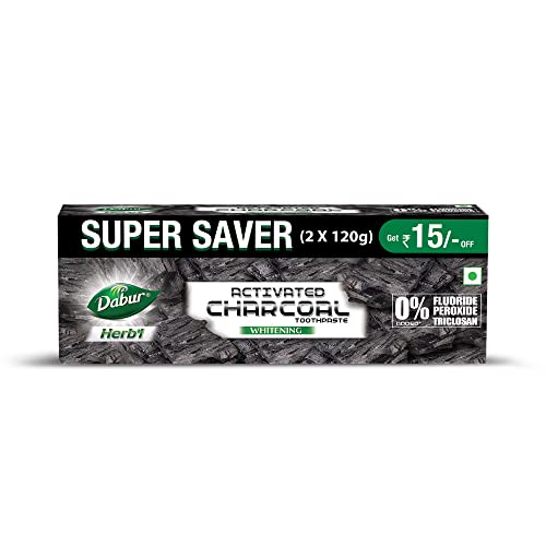 Dabur Herb’L Activated Charcoal Toothpaste 240G (120G X2, Pack Of 2) | Whitening Black Gel Toothpaste | Fluoride Free | Fights Plaque & Extrinsic Stains | With Power Of Mint | Cool & Refreshing Mouth Experience