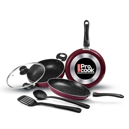 Milton Pro Cook Kitchen Pride Non-Stick Cookware Set Of 5 | Includes Nonstick Tawa, Frying Pan, Kadhai With Lid, Nylon Laddle & Spatula | Non-Induction Base | Peach Color