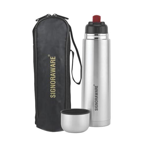 Signoraware Bullet Stainless Steel Vaccum Insulated Isi Certified Cola Bottle With Protective Cover | Airtight & Leakproof | Hot & Cold For Hours | Durable Flask For Outdoor Use ( 1Ltr | Steel )