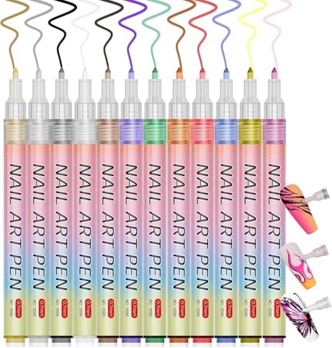 12 Colors Nail Art Pens Set 0.7 Mm Ultra Fine Tip Nail Polish Marker Pens Quick Dry Waterproof Diy Nail Painting Kit For Women, Girls & Beginners