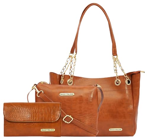 Bagsy Malone Vegan Leather Stylish Tote Bag Pack Of 3 |Handcrafted Side Tote Bag For Office And College (Croco Maroon)