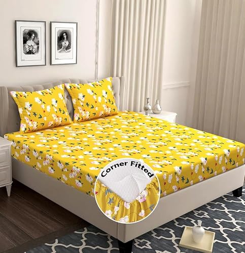 Bsb Home Cotton Rich 160Tc Elastic Fitted Bedsheets With 2 Pillow Covers | Double Bed With Corner Fit Wrinkelfree Supersoft Floral Pattern Breathable |Size-72X68+6 Inches | Green & Yellow