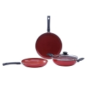 Wonderchef Valencia Non-Stick Cookware 4 Piece Set | Kadhai With Lid, Fry Pan, Dosa Tawa | Induction Friendly Design | Cool Touch Bakelite Handles | Pure Grade Aluminium| Pfoa Free| 2 Years Warranty | Red
