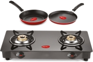Pigeon Gas Stove Combo – Brunet 2 Burner Gas Cooktop + Flat Tawa 250 + Fry Pan 240 Stainless Steel Manual Gas Stove(2 Burners)