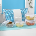 Larah Glassware Vogue Daisy Borosilicate Glass Lunchbox With Bag | Set Of 4 (320Ml X 2 Square + 240Ml X 2 Round) | Microwave & Dishwasher Safe, Leakproof | Tiffin For Office, School | Blue