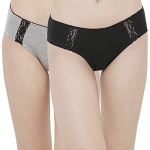 Longies Womens Cotton Lycra Lace Briefs Pack Of 2, Grey/Black2008, M