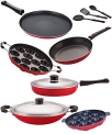 Nirlon 3 Layer Coated Non-Stick Aluminium Pots And Pans Cooking Combo Set Of 9 Pieces (2.6Mm_Ft13_Tp_Ap(7)_Ap(12)_Ac_Fp12_3Spoon)